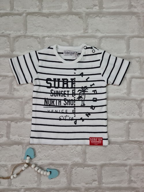 Tricou copii cu inscriptii si dungulite bleumarin